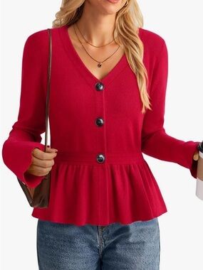Vivilli Red V-Neck Button-Front Peplum Cardigan Sweat